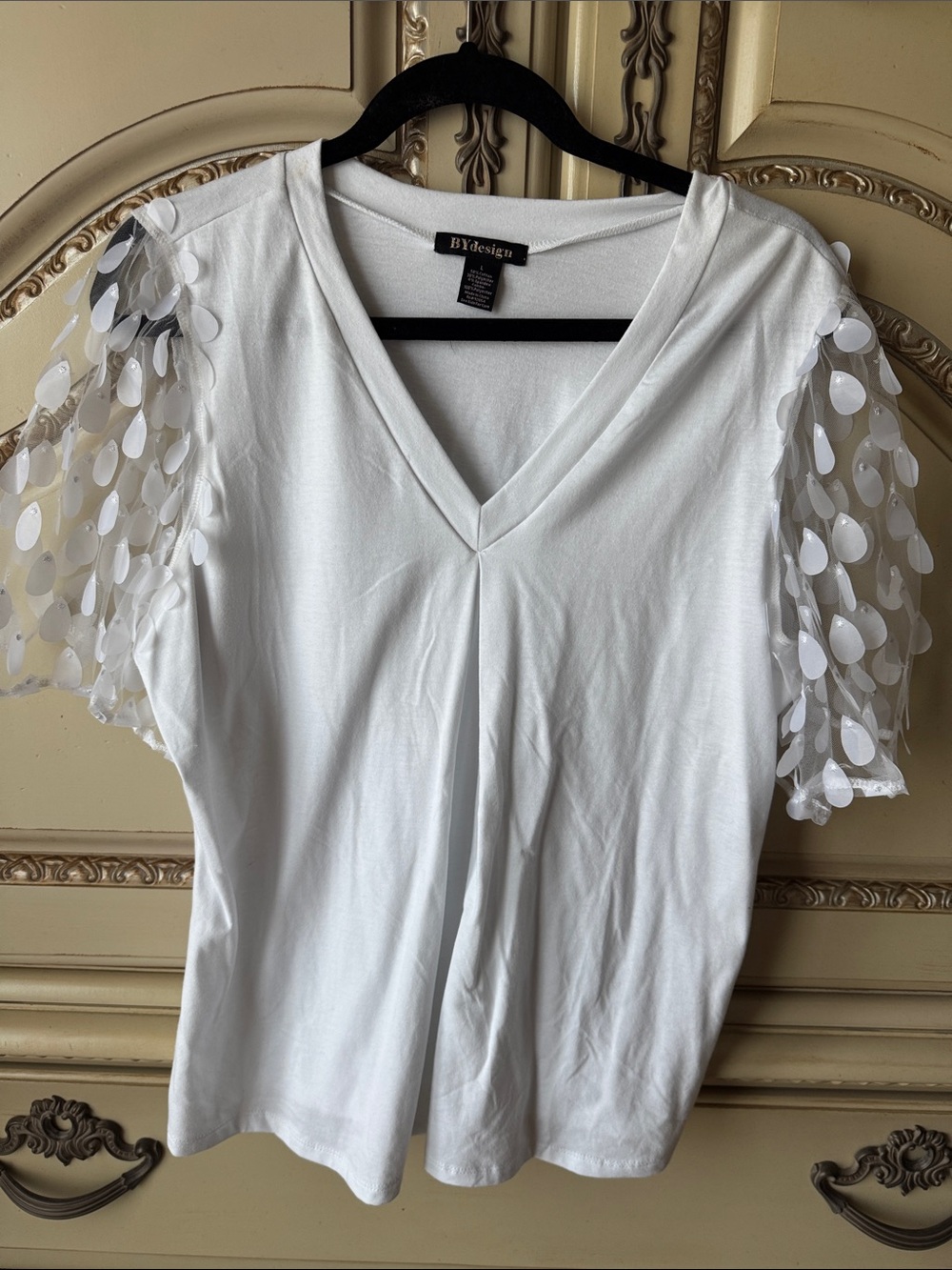 BYdesign White V-Neck Top with Sheer Teardrop Accent Sleeves